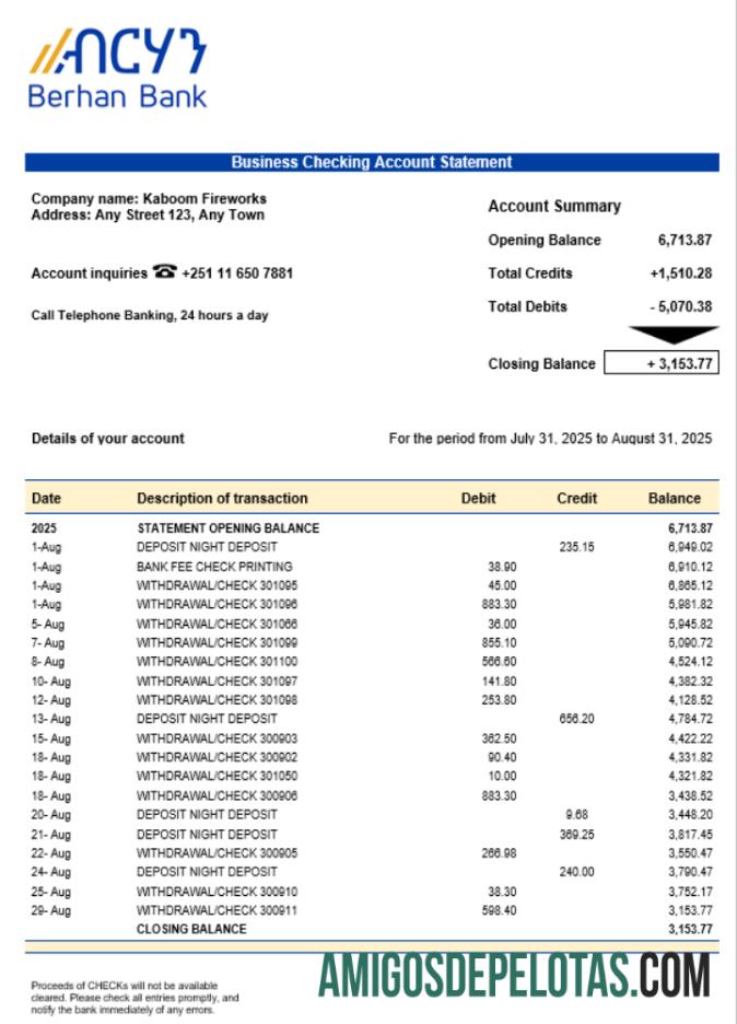 Extrato de conta de empresa de negócios do Berhan Bank Word Snd formato PDF exemplo real